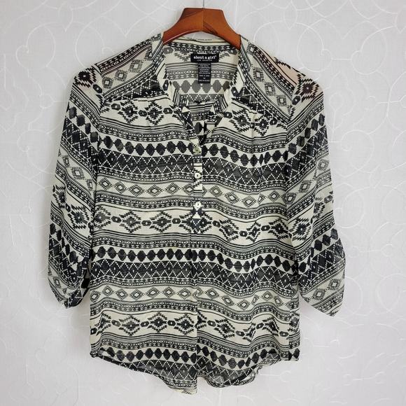 About A Girl Womens Blouse Size Medium Black Bohemian Pattern Button Down Sheer - Picture 1 of 8